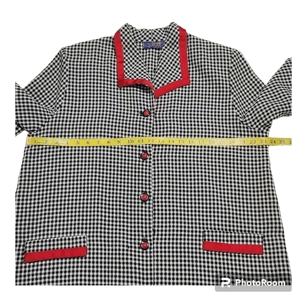 T.D.A black and white gingham button-down top/blouse with red trim and buttons. - Picture 3 of 10